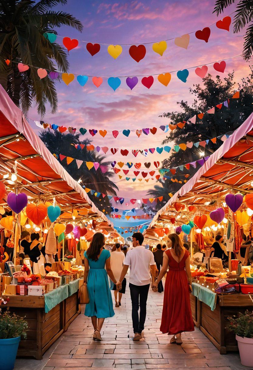 A whimsical bazaar scene filled with vibrant stalls and colorful decorations, where couples and friends shop together, exchanging smiles and laughter. Include heart-shaped decorations and love-themed items on display, with a special discount sign highlighting romantic offers. The background should depict a shimmering sunset, creating a warm and inviting atmosphere. Illustrate diverse people showcasing their joy in exploring love-related products. vibrant colors. 3D. digital art.