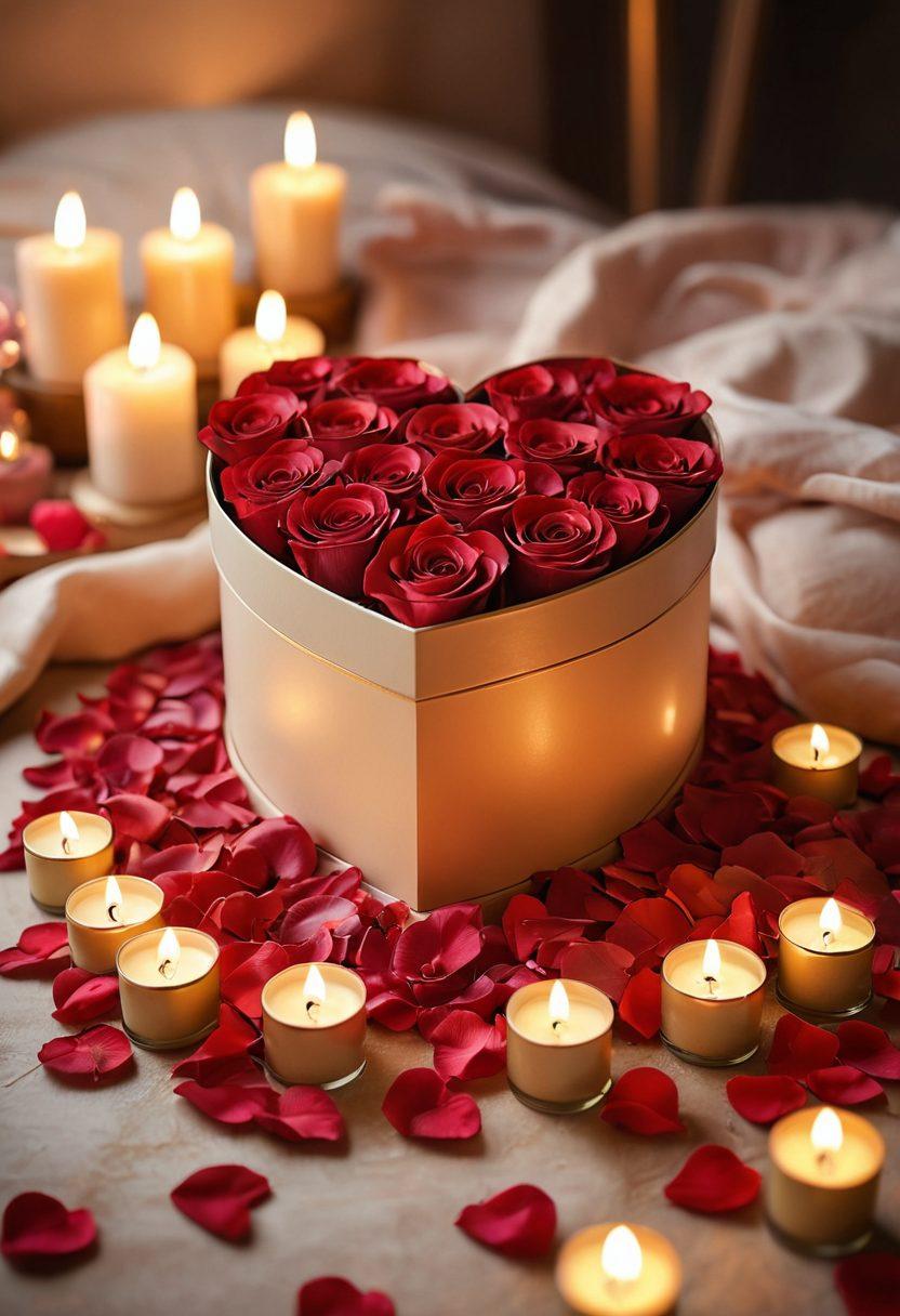 A beautifully arranged gift box overflowing with unique, romantic gifts including flowers, handmade items, and heart-shaped chocolates. Surround it with soft, glowing candles and a scattering of rose petals to create an intimate atmosphere. The background features a subtle bokeh effect to enhance the dreamy ambiance, inviting viewers into a world of love and gifting. super-realistic. warm tones. soft lighting.